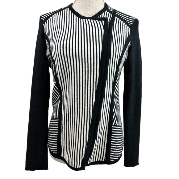 Chico's Sweaters - Chico’s - Black & White Striped Moto Asymmetrical Zipper Sweater Cardigan size S
